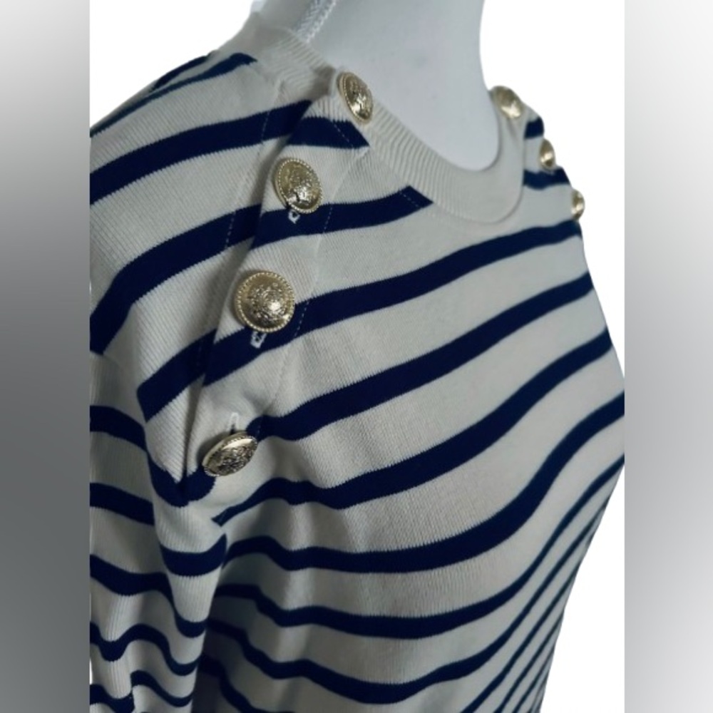Cotton DEREK LAM IO Navy & Cream Knit Top Sweater Shirt Designer Gold Buttons SM - Picture 4 of 11